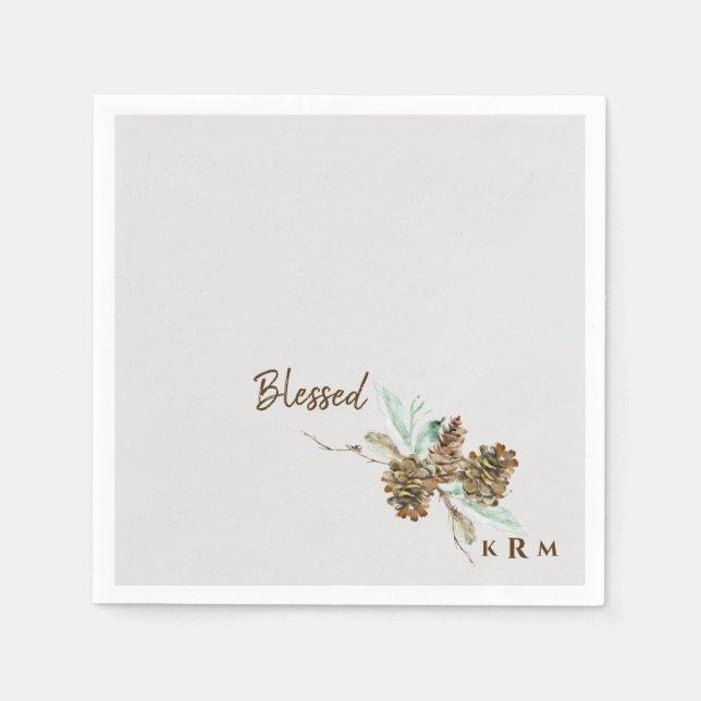 Holiday Pine Cone Blessed Monogram Cocktail Napkin (Front)