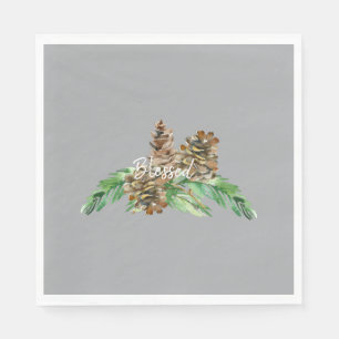 Holiday Pine Cone Foliage Blessed Grey Luncheon Napkin