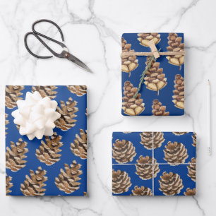 Holiday Pine Cones On Blue Wrapping Paper Sheet