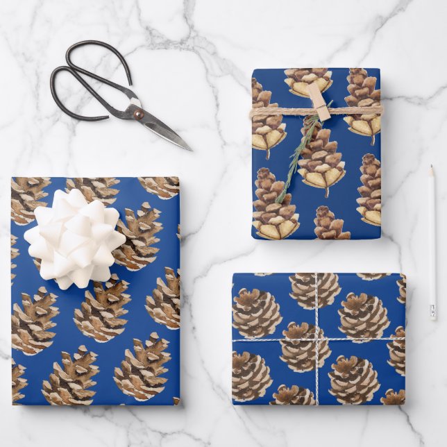 Holiday Pine Cones On Blue Wrapping Paper Sheet (Front)
