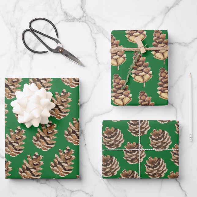 Holiday Pine Cones On Green Wrapping Paper Sheet (Front)