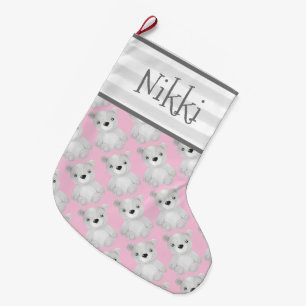 Holiday Pink Bear Name Stripe Typography Large Christmas Stocking