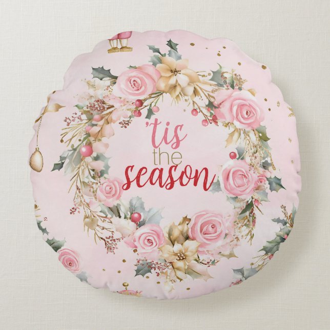 Holiday Pink Merry Christmas Beaux Wreath Custom Round Pillow (Front)