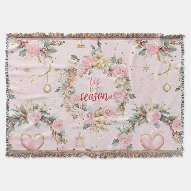 Holiday Pink Merry Christmas Beaux Wreath Custom Throw Blanket (Front)