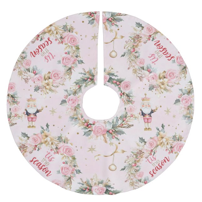Holiday Pink Merry Nutcracker Beaux Custom Message Brushed Polyester Tree Skirt (Front)