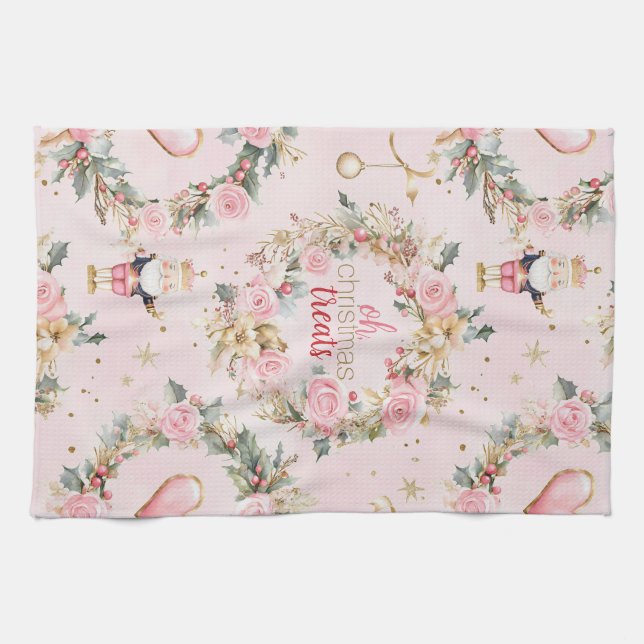 Holiday Pink Merry Nutcracker Beaux Custom Wreath Kitchen Towel (Horizontal)