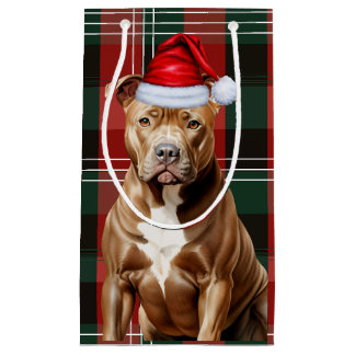 Holiday Pit Bull Dog Red and Green Plaid Christmas Small Gift Bag