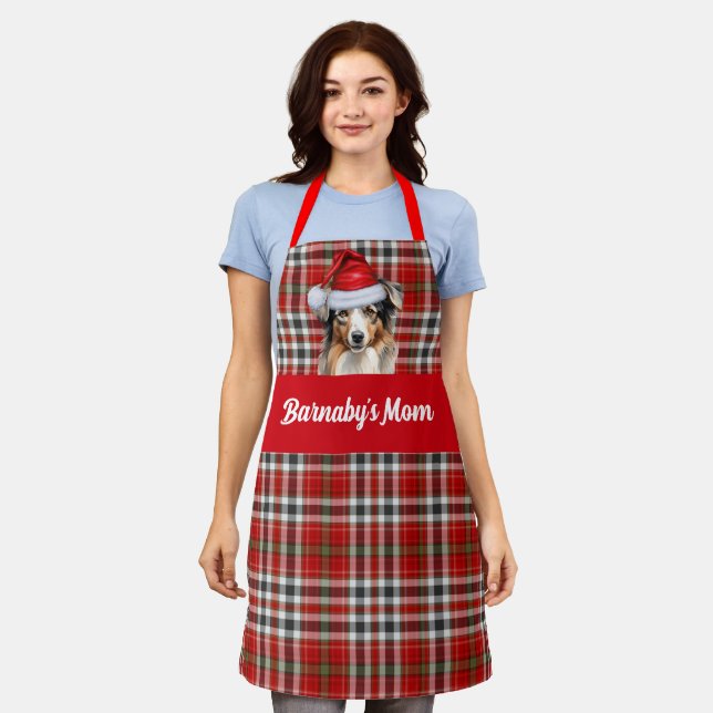 Holiday Plaid Australian Shepherd Dog Christmas Apron (Worn)