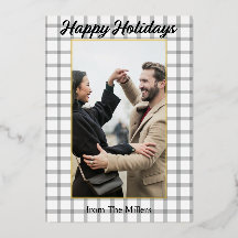 Holiday Plaid Black and White Framed Foil Greeting