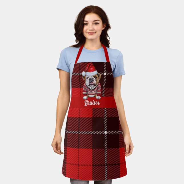 Holiday Plaid Bulldog Santa Dog Christmas Apron (Worn)