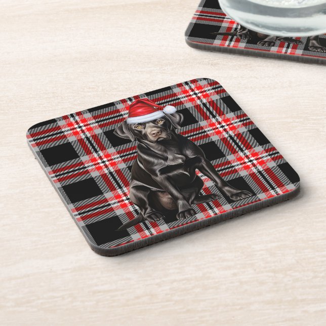 Holiday Plaid Chocolate Labrador Santa Dog Coaster (Left Side)