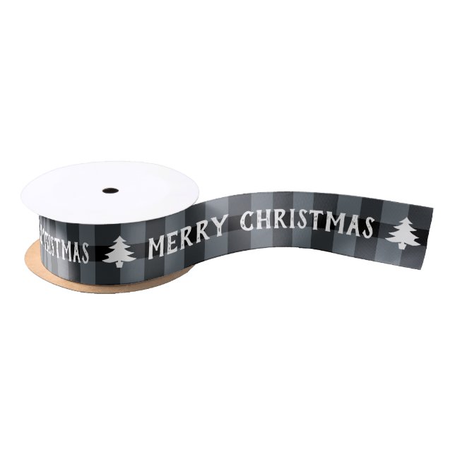 Holiday Plaid Christmas Tree Grey Satin Ribbon (Spool)