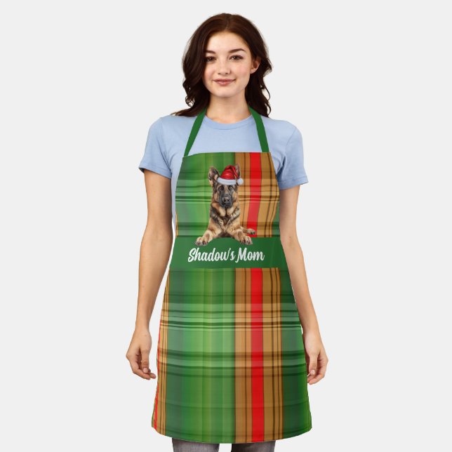 Holiday Plaid German Shepherd Santa Dog Christmas Apron (Worn)