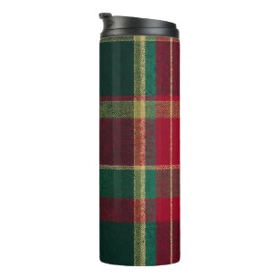 Holiday Plaid Green Red Gold Christmas Thermal Tumbler