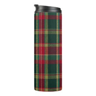 Holiday Plaid Green Red Gold Christmas Thermal Tumbler