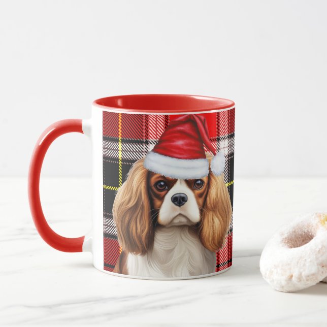 Holiday Plaid King Charles Spaniel Christmas Dog Mug (With Donut)