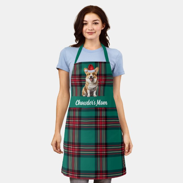 Holiday Plaid Pembroke Welsh Corgi Dog Christmas Apron (Worn)