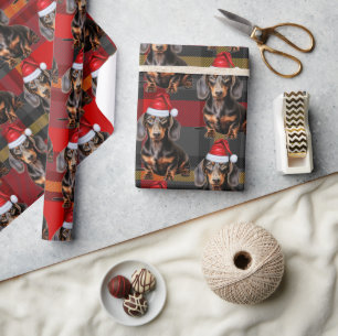 Holiday Plaid Smooth Dachshund Santa Dog Christmas Wrapping Paper