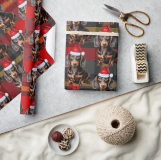 Holiday Plaid Smooth Dachshund Santa Dog Christmas Wrapping Paper