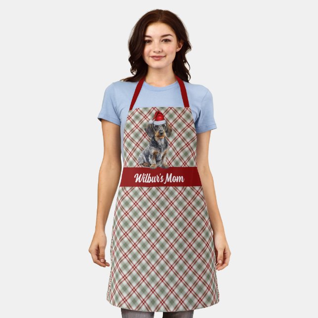 Holiday Plaid Wirehair Dachshund Dog Christmas Apron (Worn)