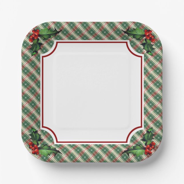 Holiday Plaid with Holly Paper Plate (Front)