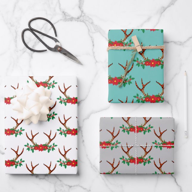 Holiday Poinsettia and Antlers Wrapping Paper Sheet (Front)