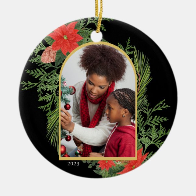 Holiday Poinsettia and Greenery Photo Black Ceramic Ornament (Front)