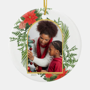 Holiday Poinsettia and Greenery Photo Ceramic Ornament