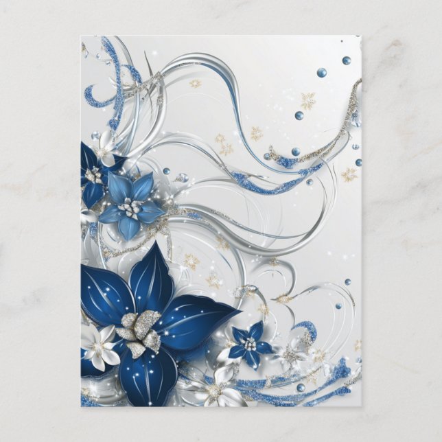 HOLIDAY POINSETTIA BLUE / WHITE #1 POSTCARD (Front)