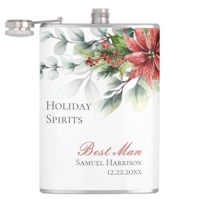 Holiday Poinsettia Wedding Flask for Groomsmen (Opened)