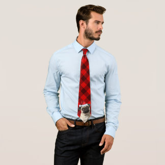 Holiday Pug Dog Red Buffalo Plaid Christmas Tie
