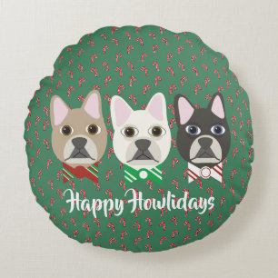 Holiday Pups Candy Cane Round Pillow
