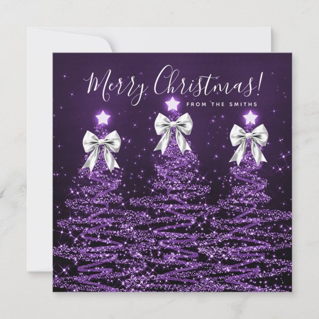 Holiday Purple Christmas Trees Greeting Silver  Card (Front)