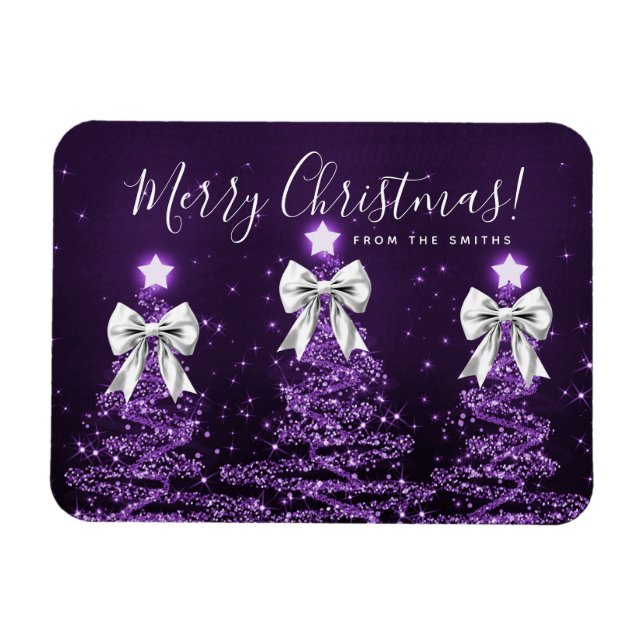 Holiday Purple Christmas Trees Greeting Silver  Magnet (Horizontal)