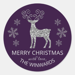 Holiday Purple Silver Glitter Christmas Snowflake Classic Round Sticker
