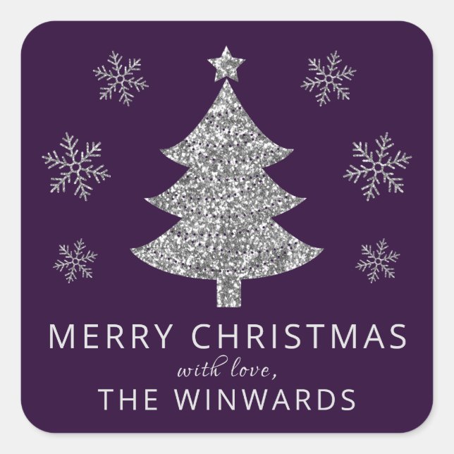 Holiday Purple & Silver Glitter Christmas Tree Square Sticker (Front)