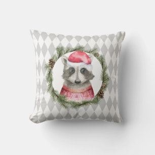 Holiday Raccoon and Pastel Grey Harlequin Pattern Throw Pillow