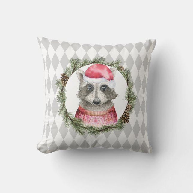Holiday Raccoon and Pastel Grey Harlequin Pattern Throw Pillow (Front)