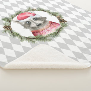 Holiday Raccoon with Pastel Grey Harlequin Pattern Sherpa Blanket