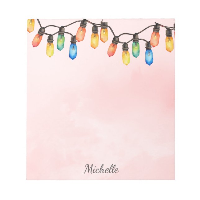 Holiday Rainbow Christmas lights Personalized Name Notepad (Front)