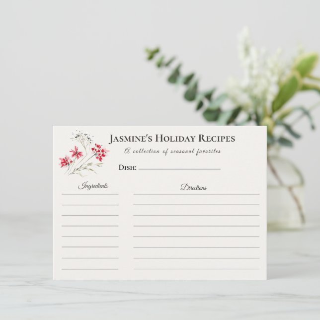 Holiday Recipe Card – Personalized Winter Floral D (Standing Front)