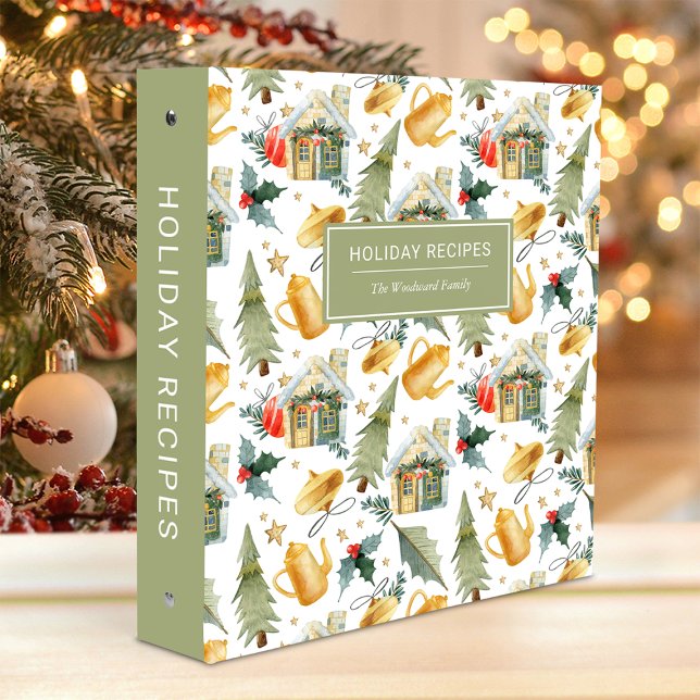 Holiday Recipes Winter Watercolor Pattern Green Binder (Creator Uploaded)
