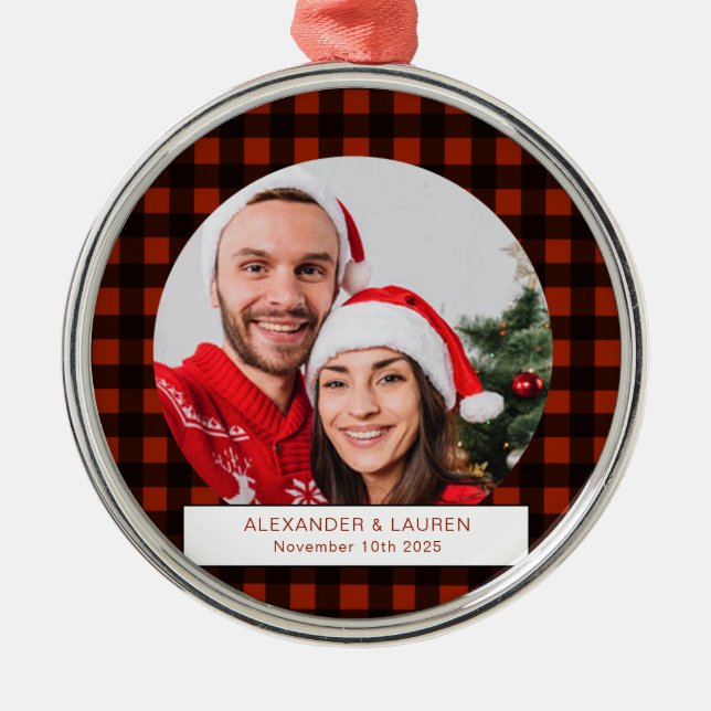 Holiday red and black plaid Newly wed Metal Ornament (Front)