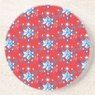 Holiday red and blue snowflakes and stars coaster