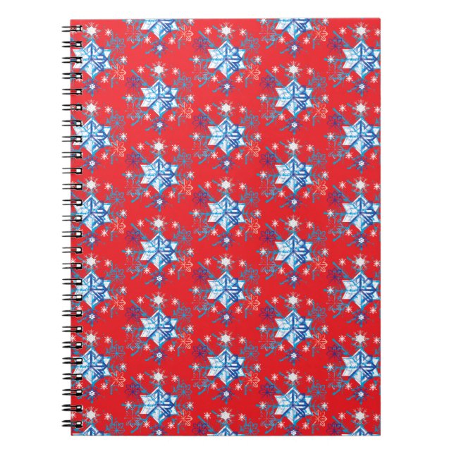 Holiday red and blue snowflakes and stars notebook (Front)