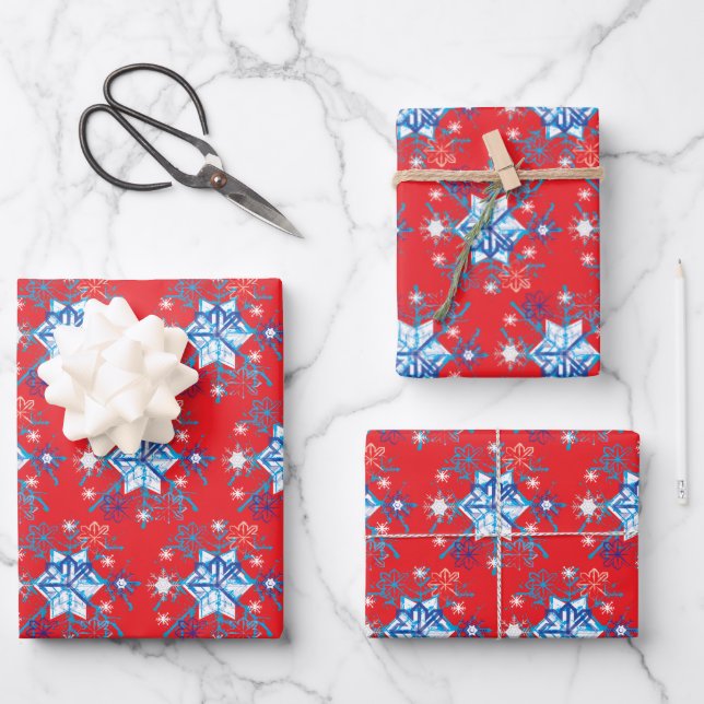 Holiday red and blue snowflakes and stars wrapping paper sheet (Front)