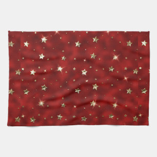 Holiday Red and Gold Faux Metal Christmas Stars Kitchen Towel