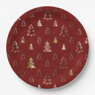 Holiday Red and Gold Faux Metal Christmas Trees Paper Plate