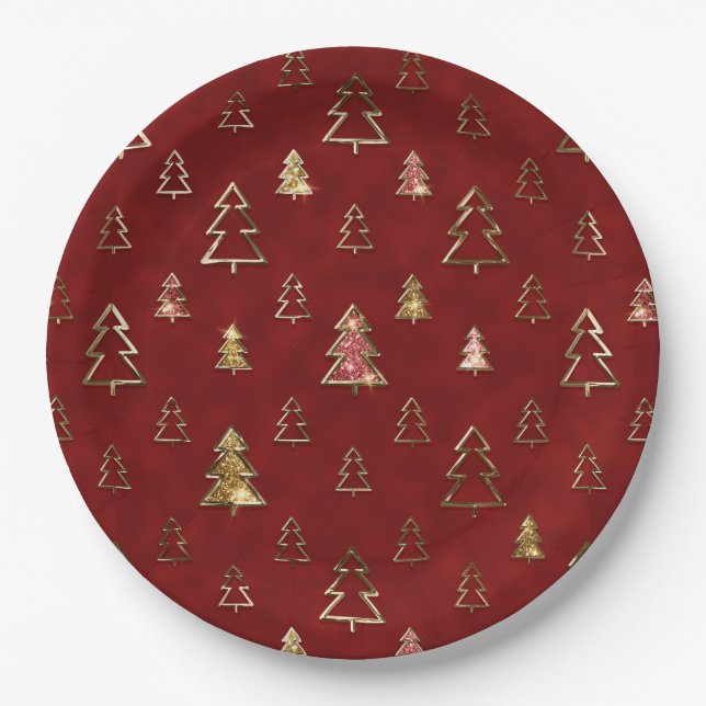 Holiday Red and Gold Faux Metal Christmas Trees Paper Plate (Front)