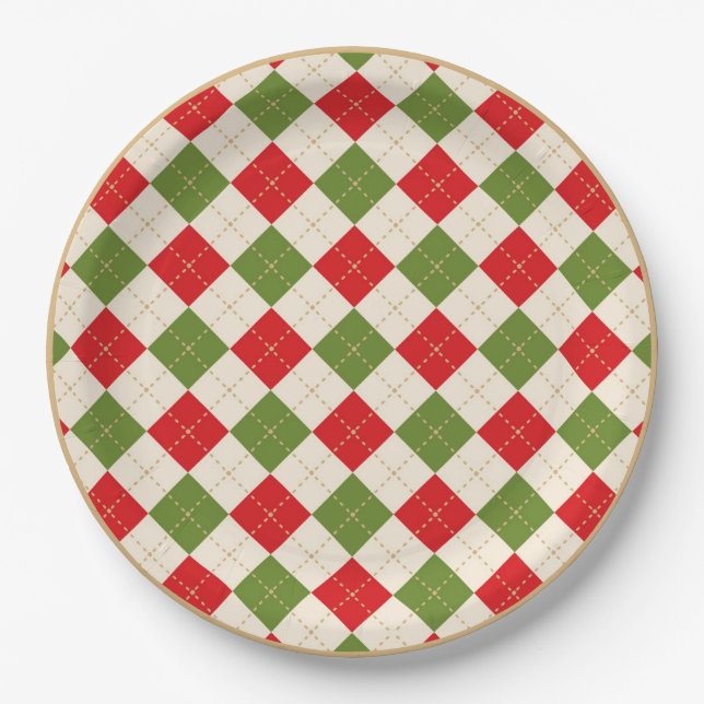 Holiday Red and Green Argyle Christmas Plate (Front)